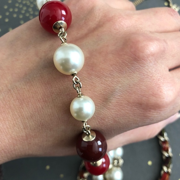 Auth Chanel necklace with pearls red beads and tweed - Picture 7 of 13